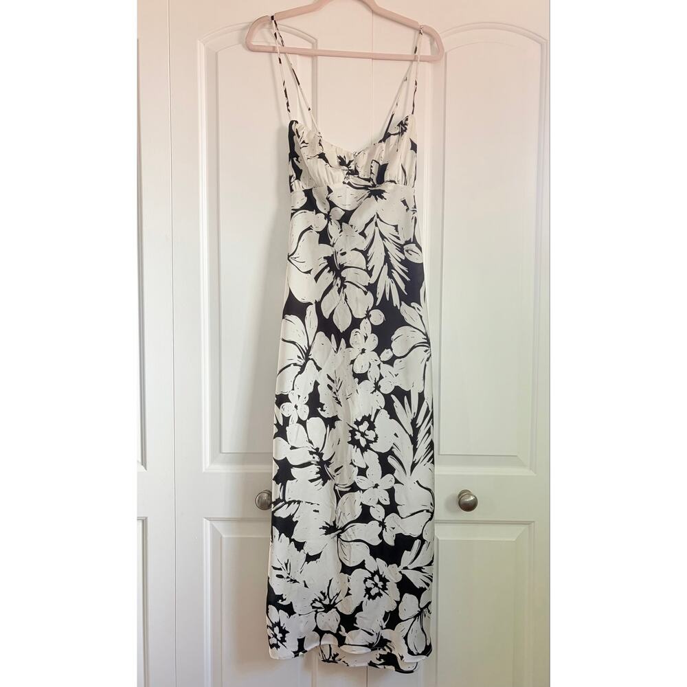Zara Black White Floral Slip Maxi Dress Open Back Spaghetti Strap Size L